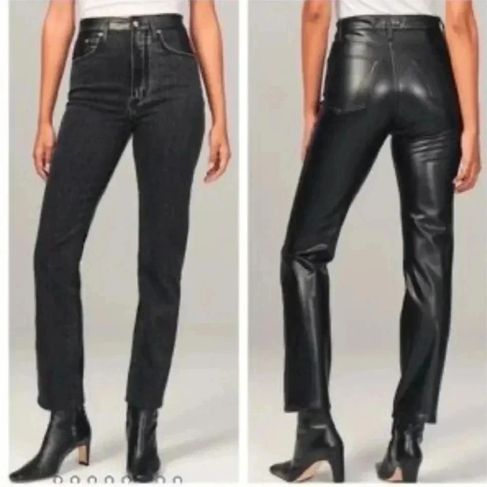 Abercrombie Mixed Fabric Ultra High Rise Ankle Straight‎ Jean Black Leather 22L